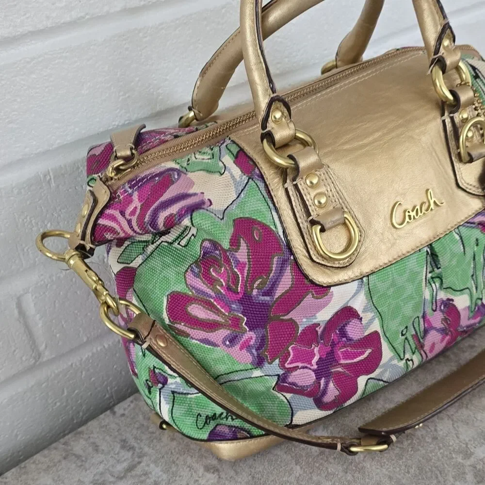 Coach F16177 Sabrina Floral Satchel Bag Gold Hardware Detachable Strap
